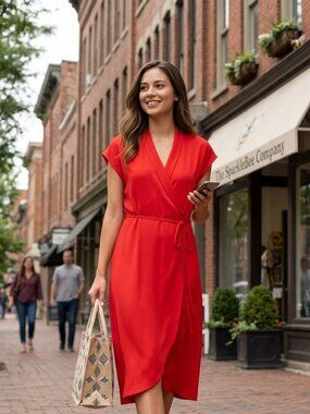 Zara Red Wrap Dress Midi Cap Sleeve V-Neck Casual Summer‎ Short Sleeve XS